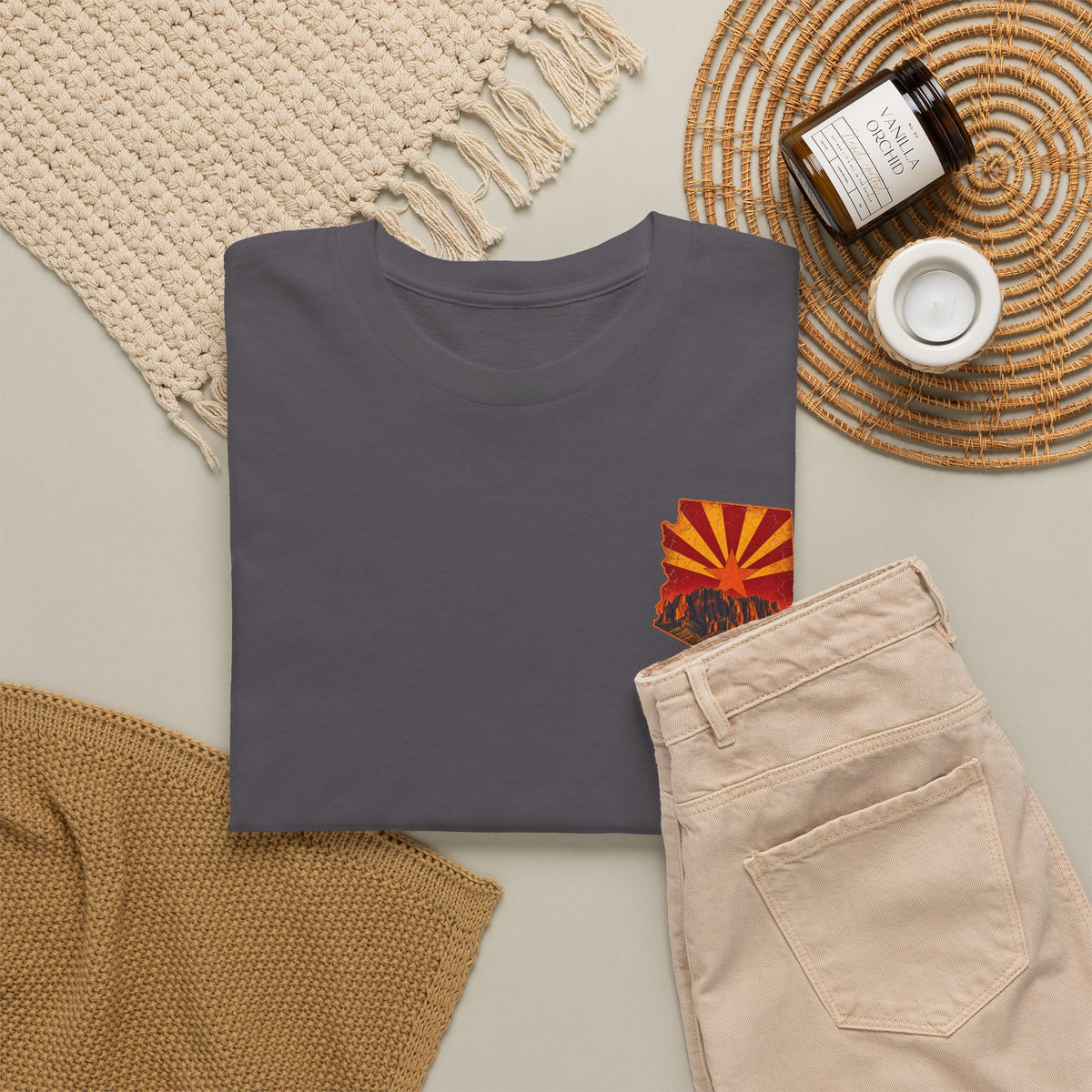 Arizona Desert Sunset Tee | State Silhouette, Saguaro Cactus, Retro Sunburst