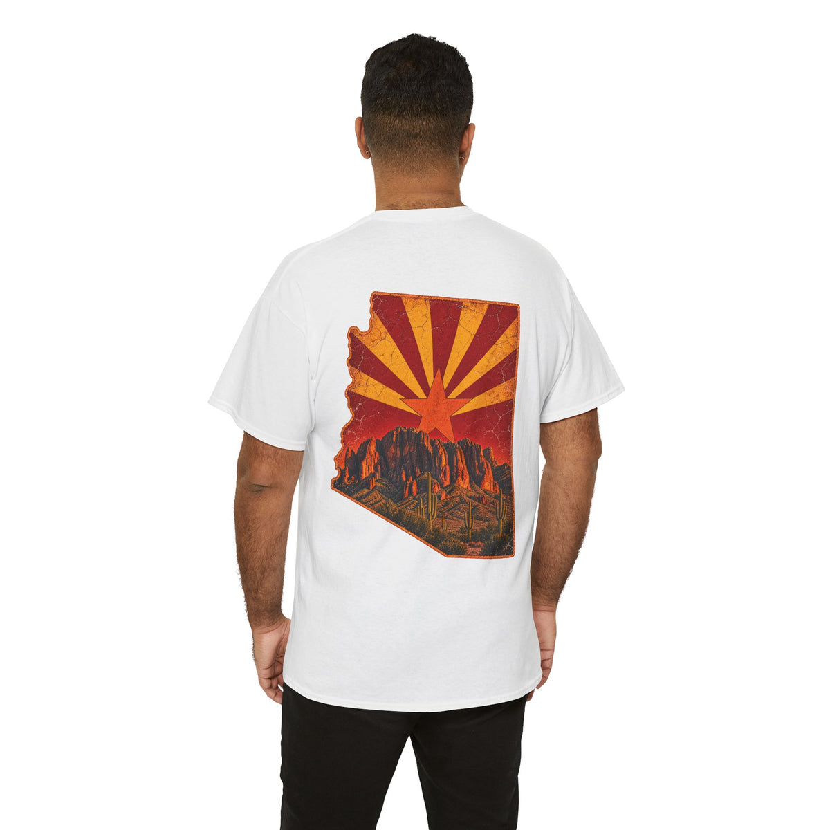 Arizona Desert Sunset Tee | State Silhouette, Saguaro Cactus, Retro Sunburst
