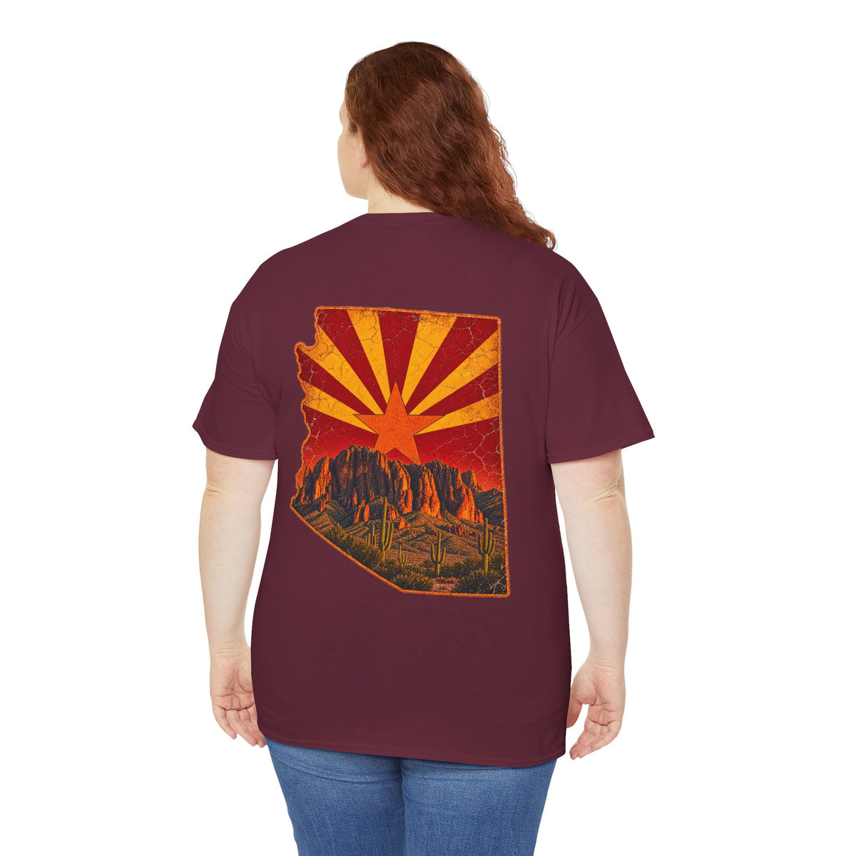 Arizona Desert Sunset Tee | State Silhouette, Saguaro Cactus, Retro Sunburst