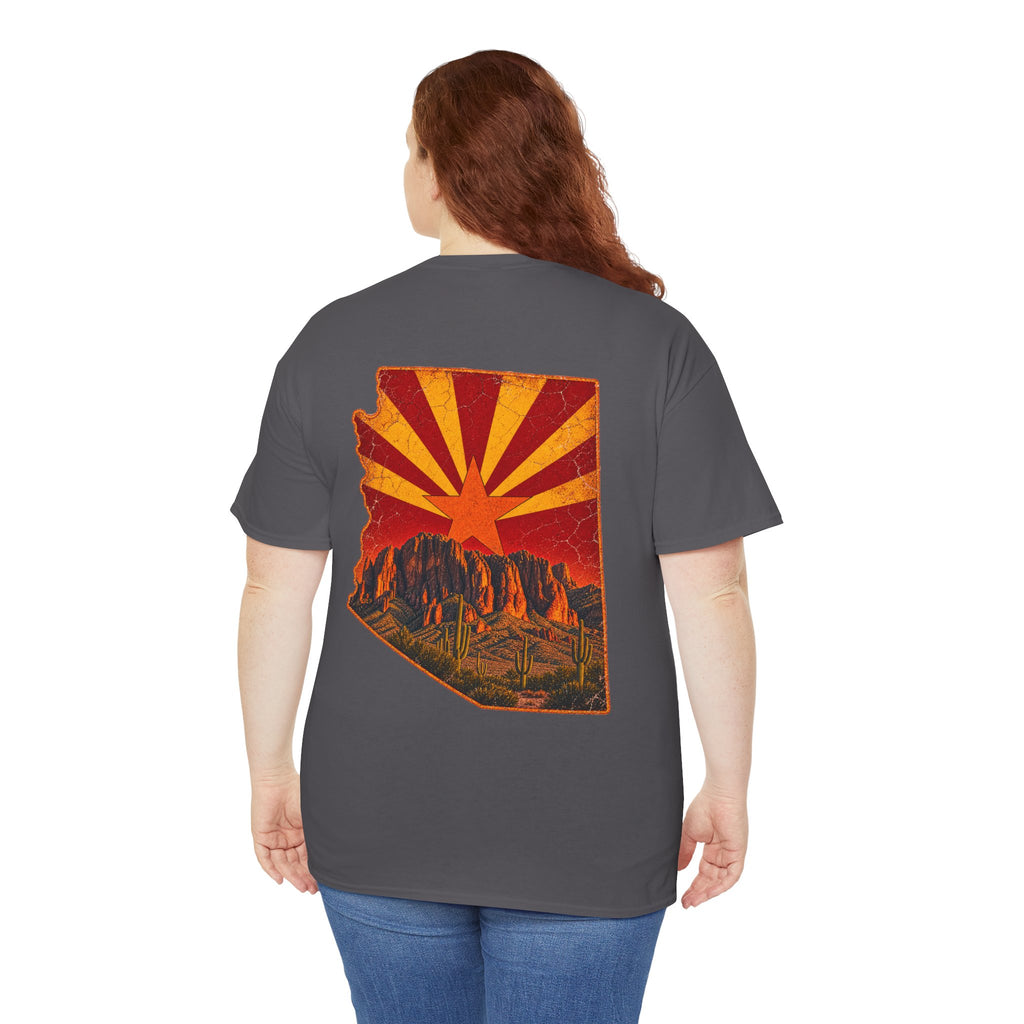Arizona Desert Sunset Tee | State Silhouette, Saguaro Cactus, Retro Sunburst