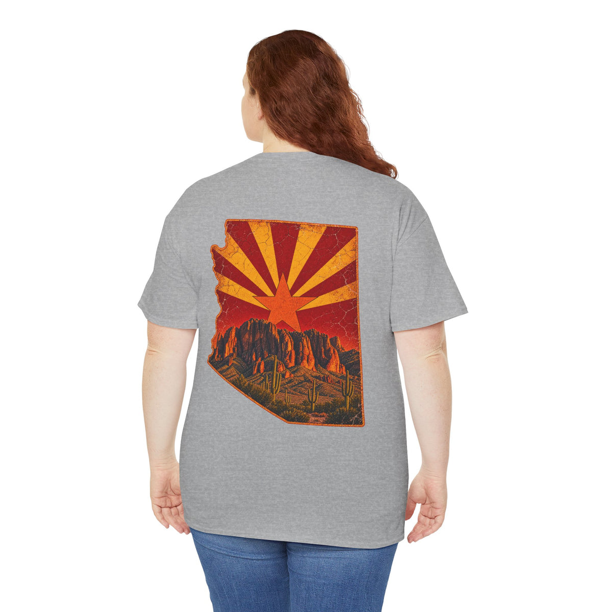 Arizona Desert Sunset Tee | State Silhouette, Saguaro Cactus, Retro Sunburst