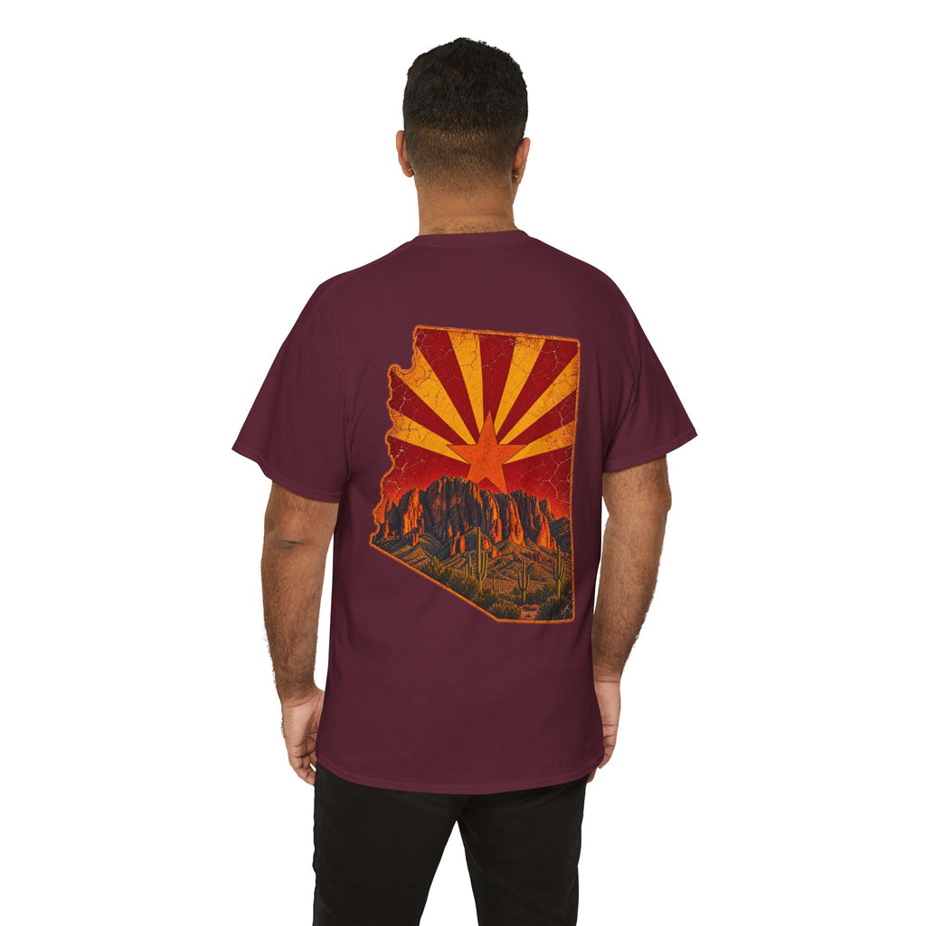 Arizona Desert Sunset Tee | State Silhouette, Saguaro Cactus, Retro Sunburst
