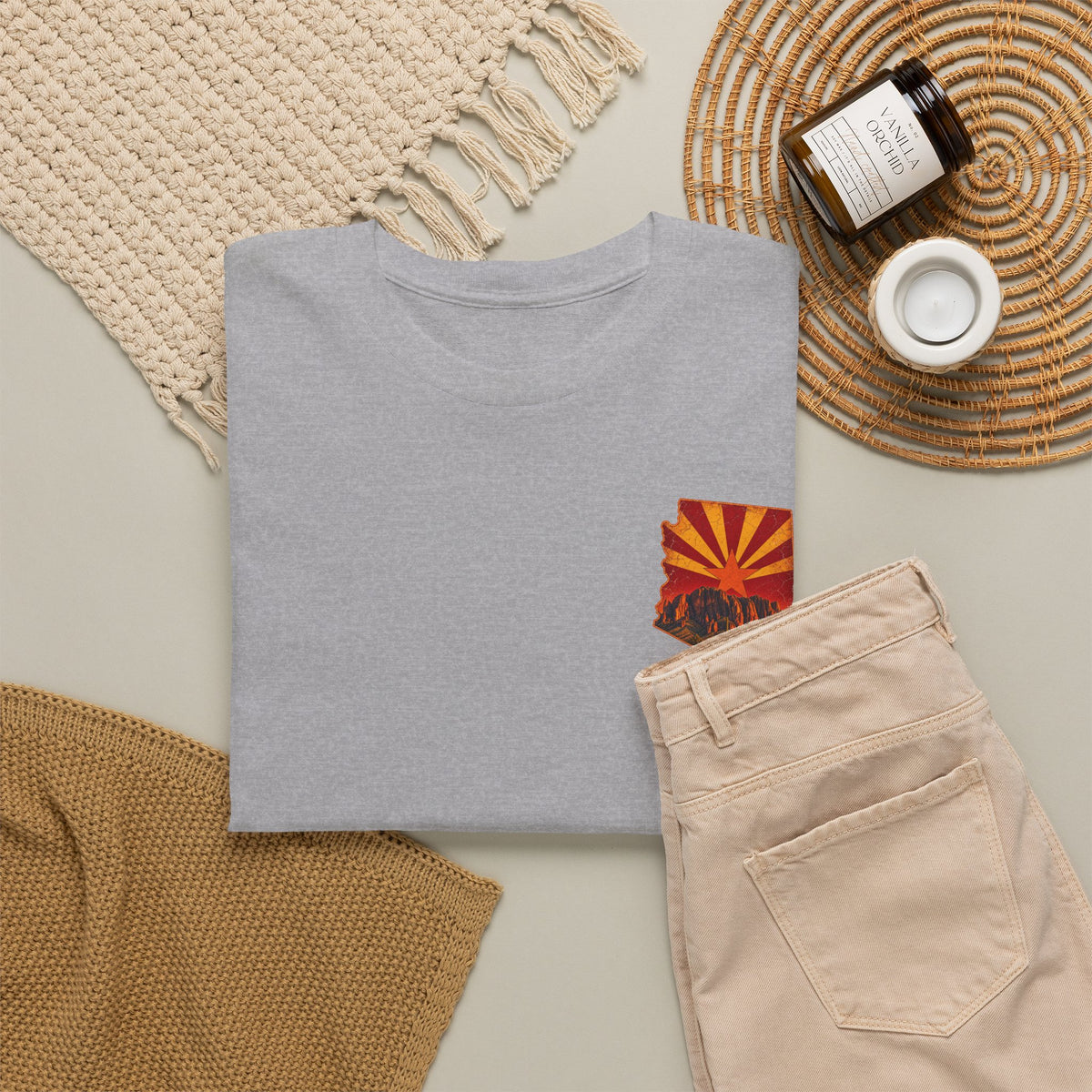 Arizona Desert Sunset Tee | State Silhouette, Saguaro Cactus, Retro Sunburst