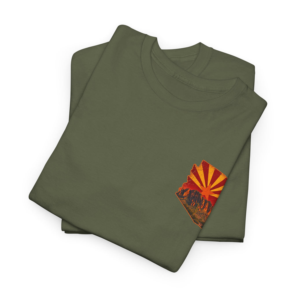 Arizona Desert Sunset Tee | State Silhouette, Saguaro Cactus, Retro Sunburst