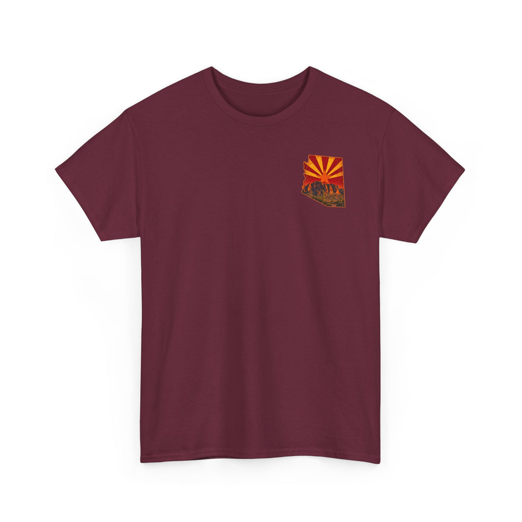 Arizona Desert Sunset Tee | State Silhouette, Saguaro Cactus, Retro Sunburst