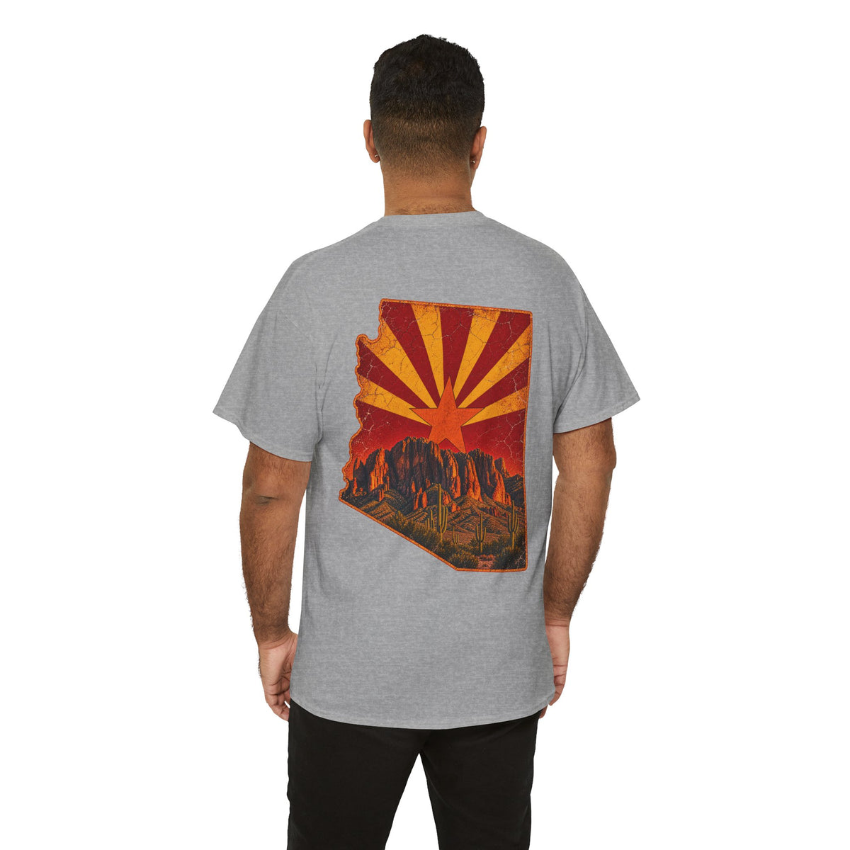 Arizona Desert Sunset Tee | State Silhouette, Saguaro Cactus, Retro Sunburst