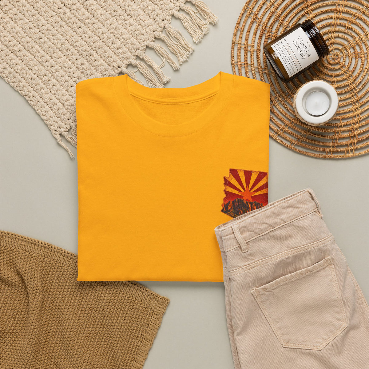 Arizona Desert Sunset Tee | State Silhouette, Saguaro Cactus, Retro Sunburst