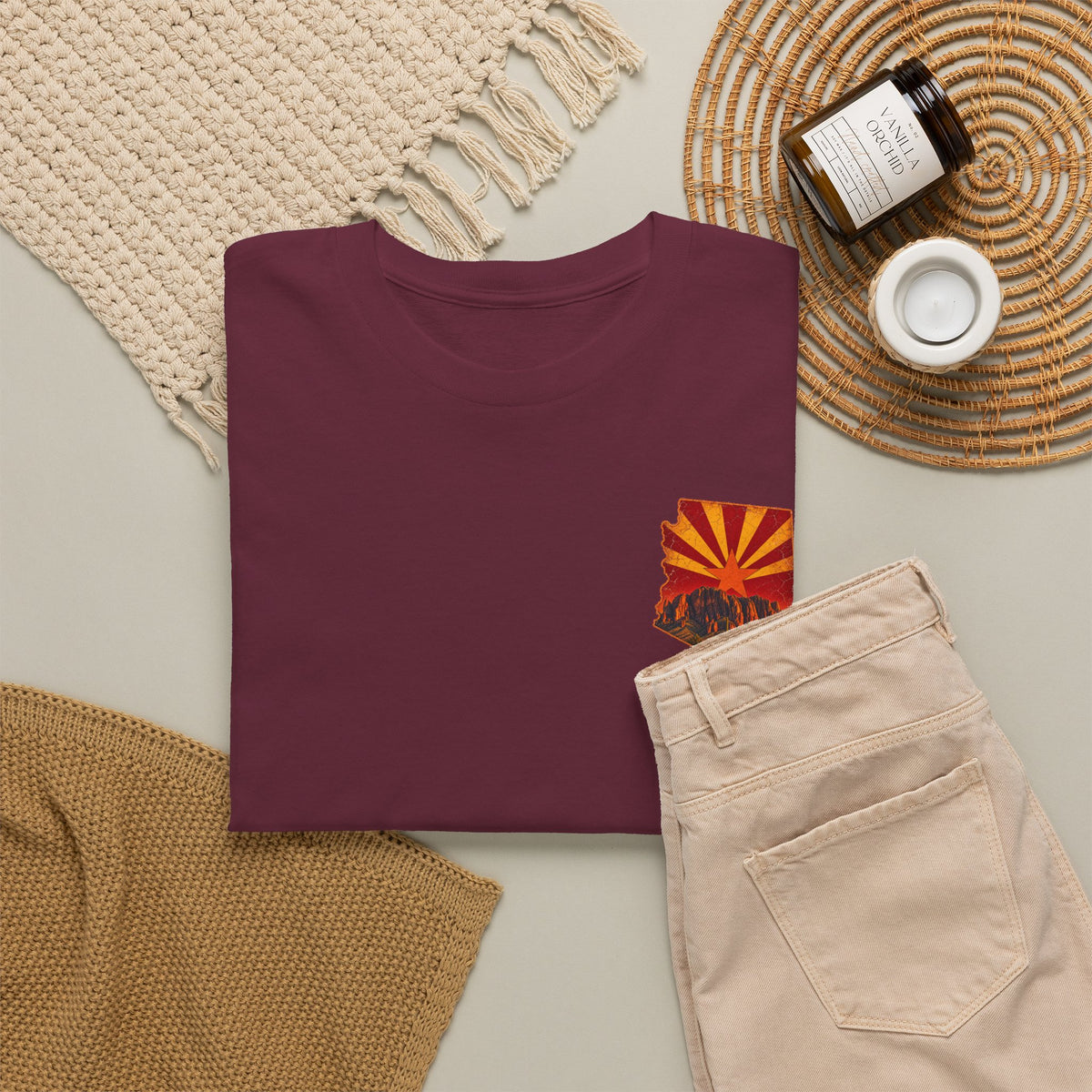 Arizona Desert Sunset Tee | State Silhouette, Saguaro Cactus, Retro Sunburst
