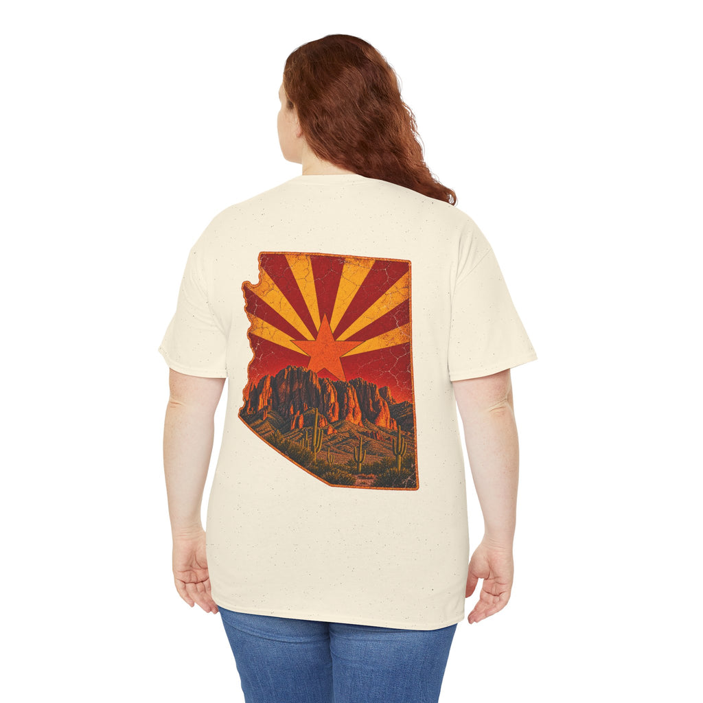 Arizona Desert Sunset Tee | State Silhouette, Saguaro Cactus, Retro Sunburst