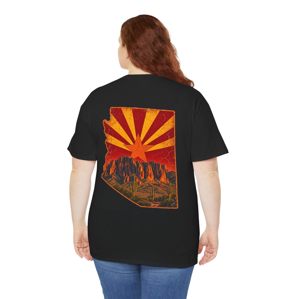 Arizona Desert Sunset Tee | State Silhouette, Saguaro Cactus, Retro Sunburst