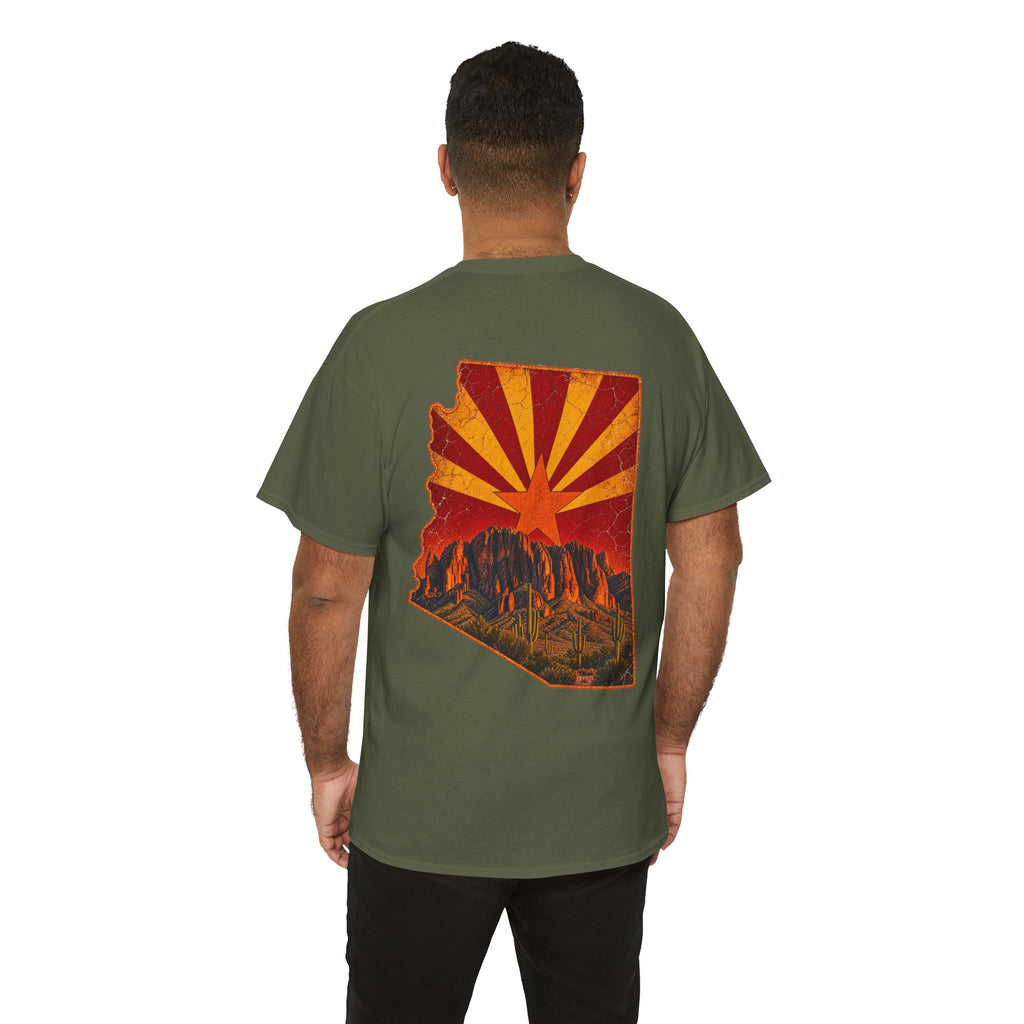 Arizona Desert Sunset Tee | State Silhouette, Saguaro Cactus, Retro Sunburst