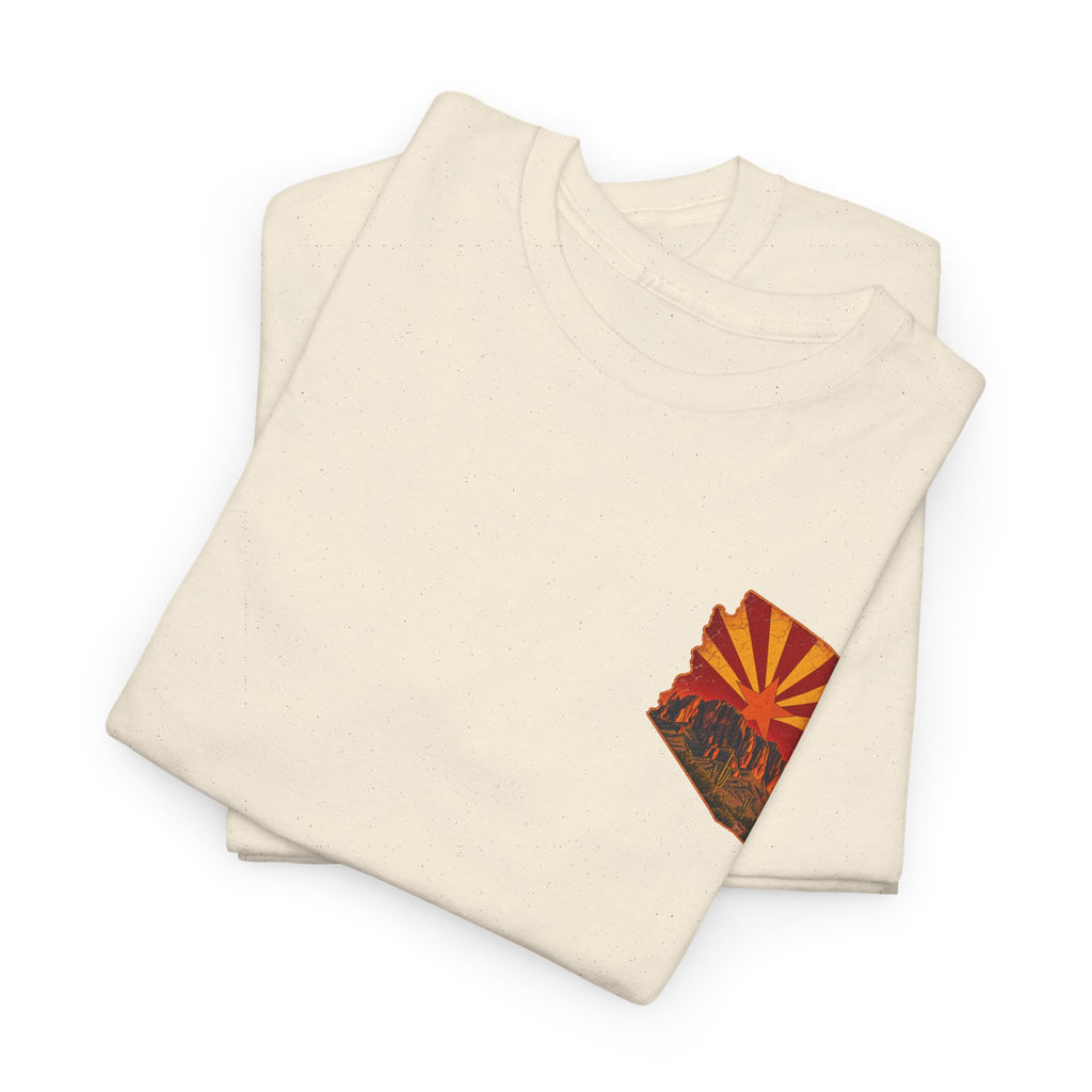 Arizona Desert Sunset Tee | State Silhouette, Saguaro Cactus, Retro Sunburst