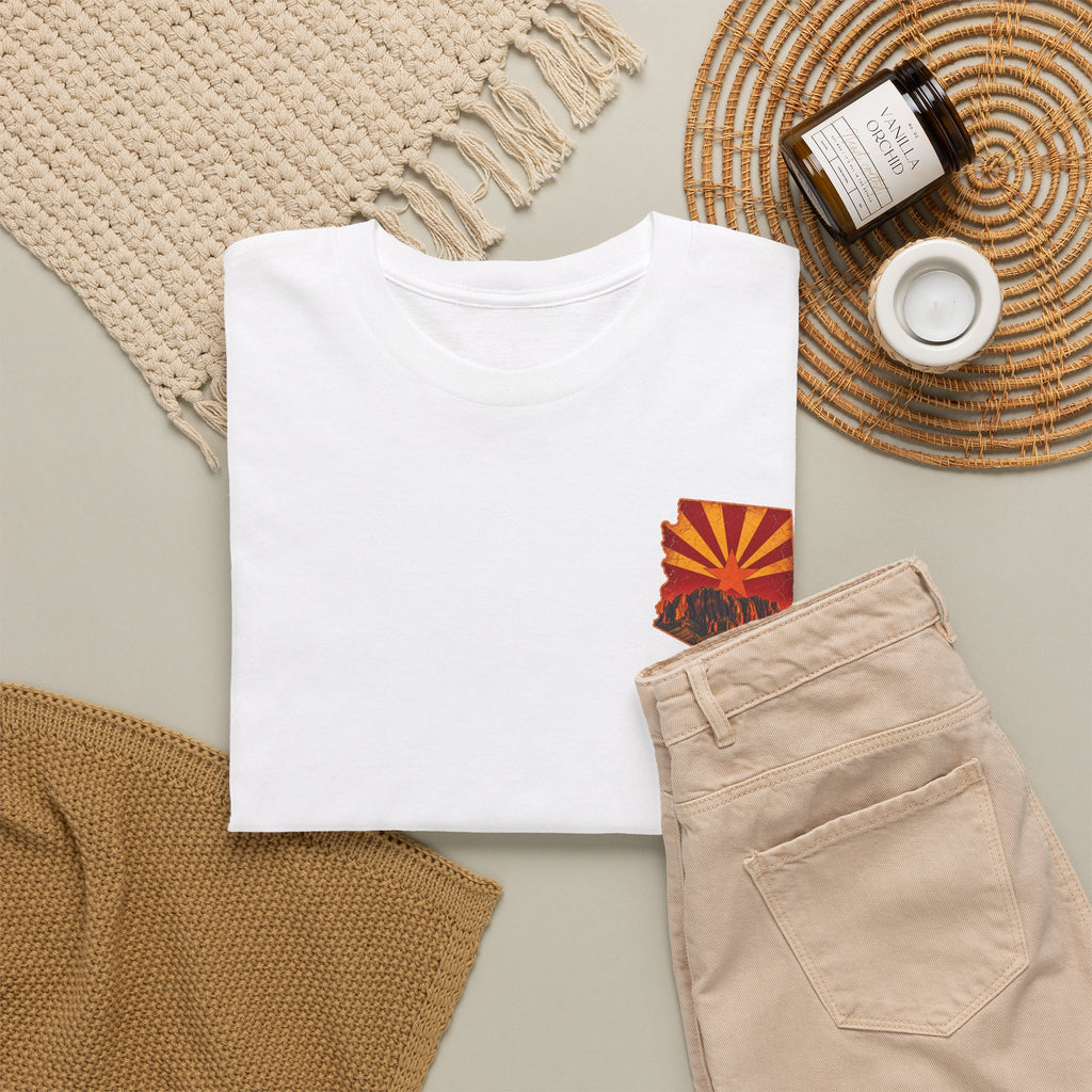 Arizona Desert Sunset Tee | State Silhouette, Saguaro Cactus, Retro Sunburst