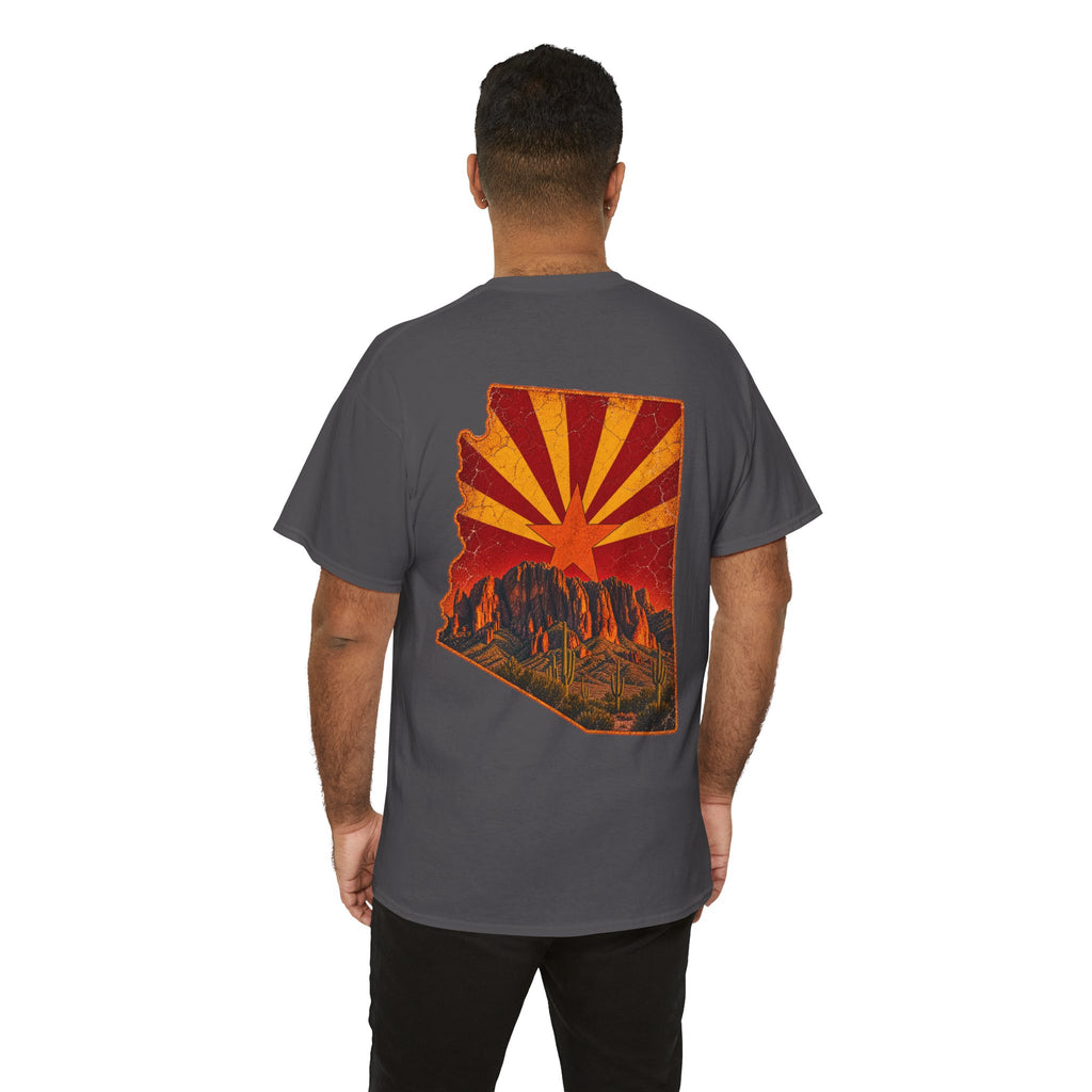 Arizona Desert Sunset Tee | State Silhouette, Saguaro Cactus, Retro Sunburst