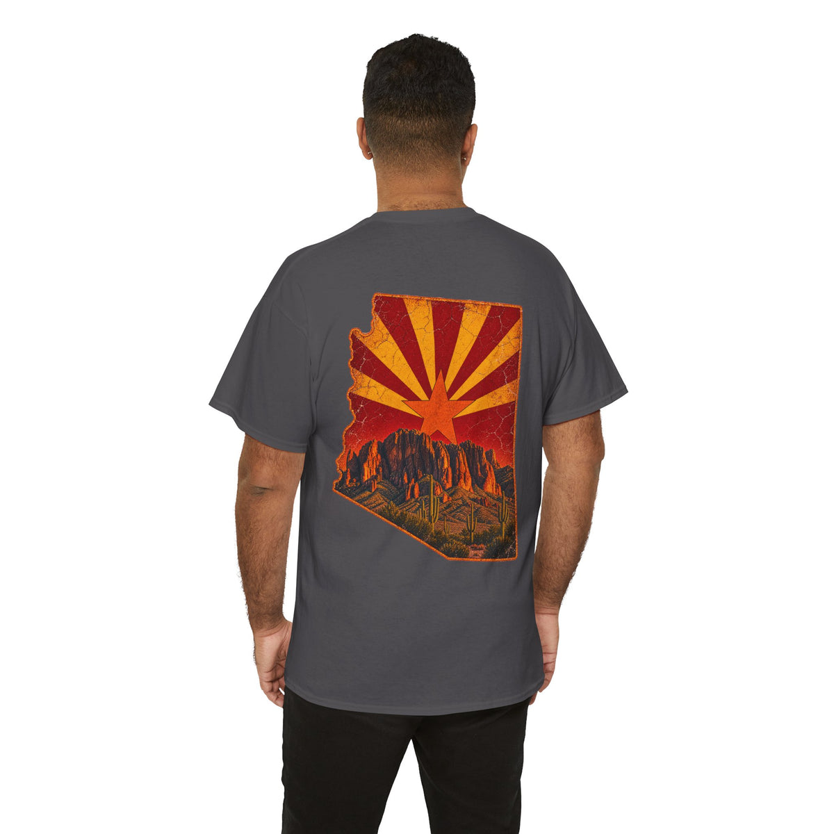 Arizona Desert Sunset Tee | State Silhouette, Saguaro Cactus, Retro Sunburst
