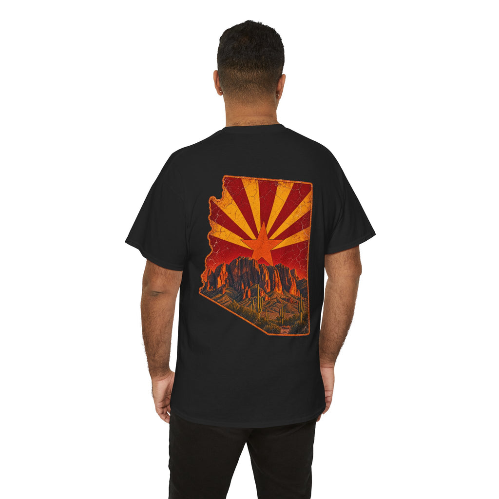 Arizona Desert Sunset Tee | State Silhouette, Saguaro Cactus, Retro Sunburst