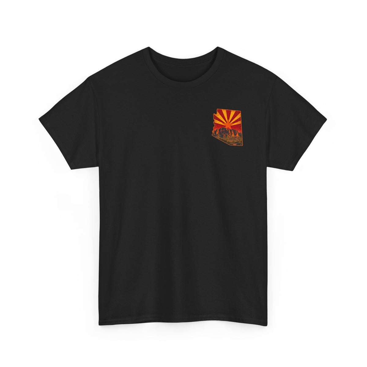 Arizona Desert Sunset Tee | State Silhouette, Saguaro Cactus, Retro Sunburst