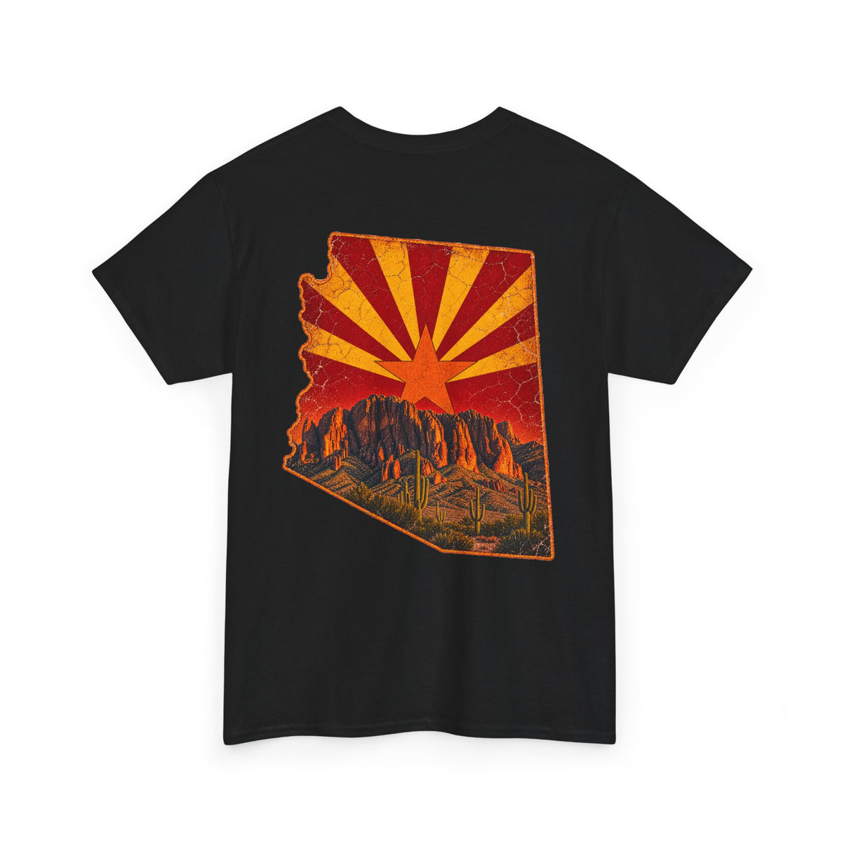 Arizona Desert Sunset Tee | State Silhouette, Saguaro Cactus, Retro Sunburst