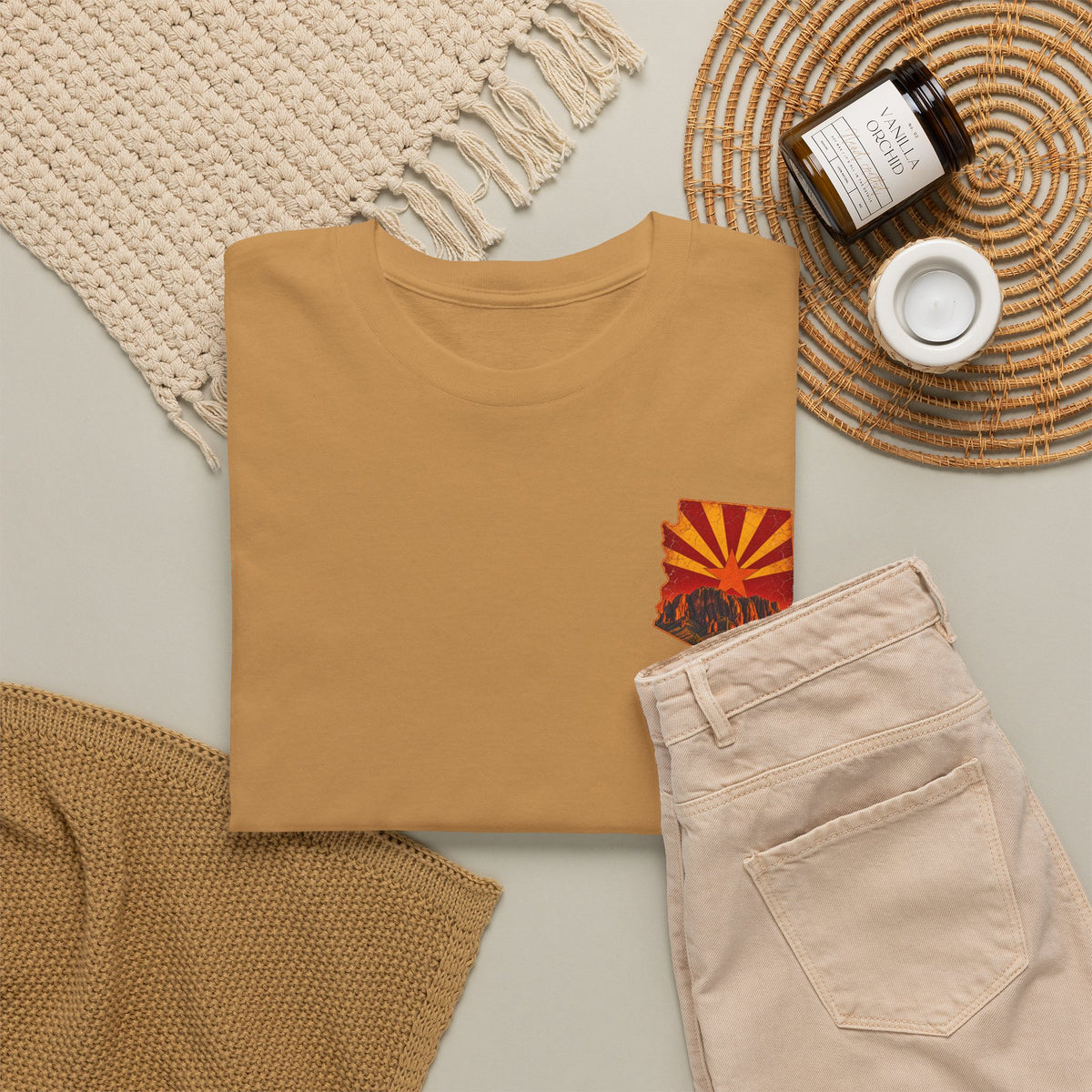 Arizona Desert Sunset Tee | State Silhouette, Saguaro Cactus, Retro Sunburst