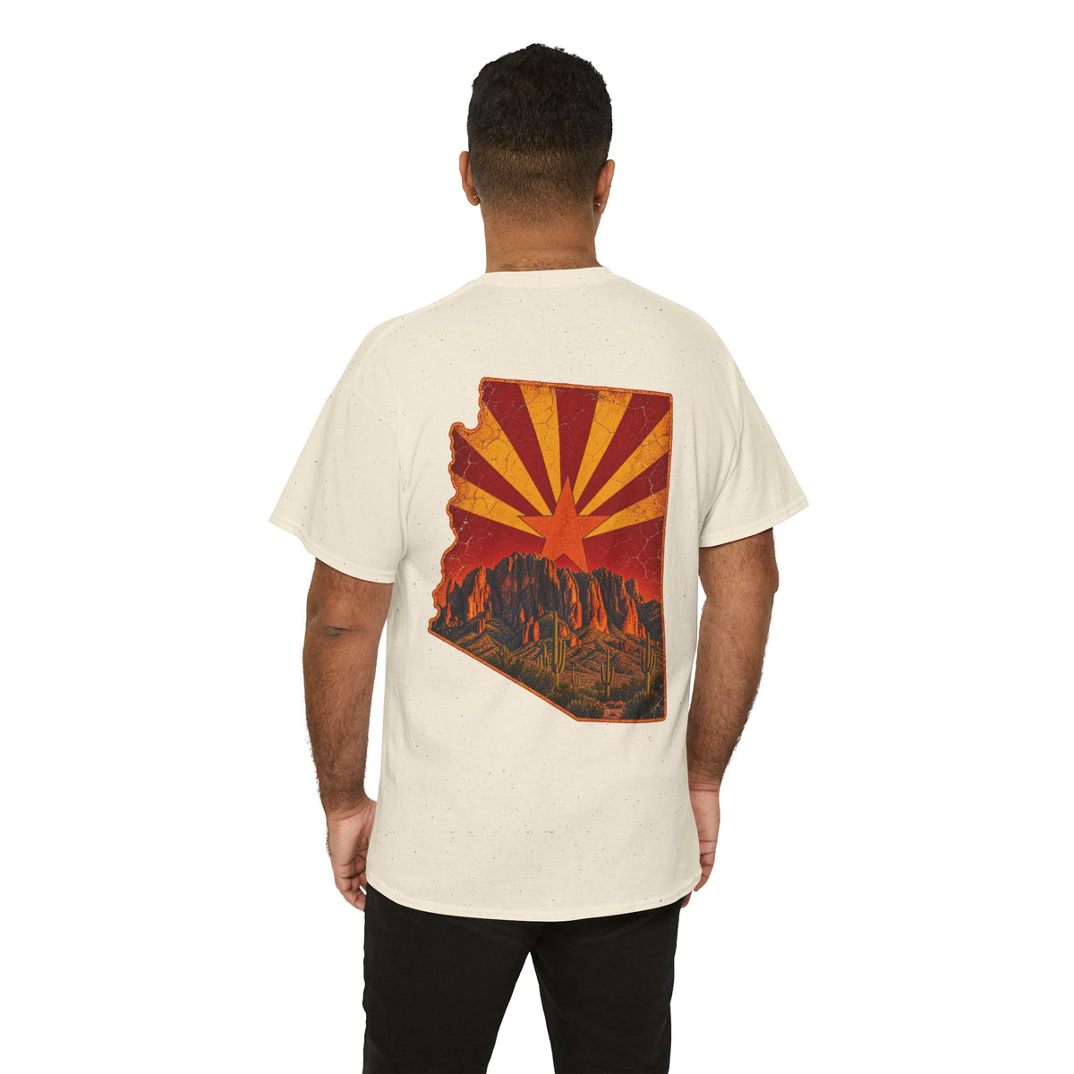 Arizona Desert Sunset Tee | State Silhouette, Saguaro Cactus, Retro Sunburst