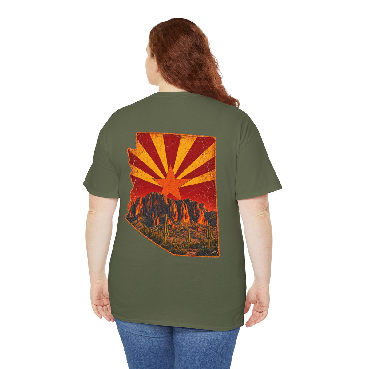 Arizona Desert Sunset Tee | State Silhouette, Saguaro Cactus, Retro Sunburst