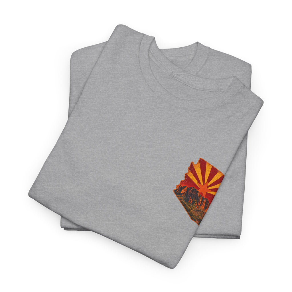 Arizona Desert Sunset Tee | State Silhouette, Saguaro Cactus, Retro Sunburst