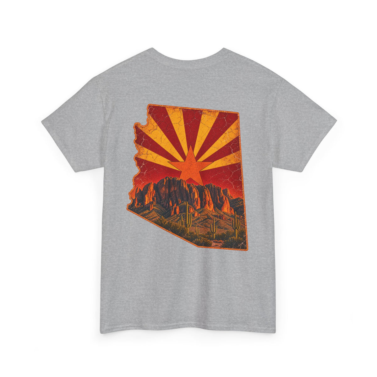 Arizona Desert Sunset Tee | State Silhouette, Saguaro Cactus, Retro Sunburst