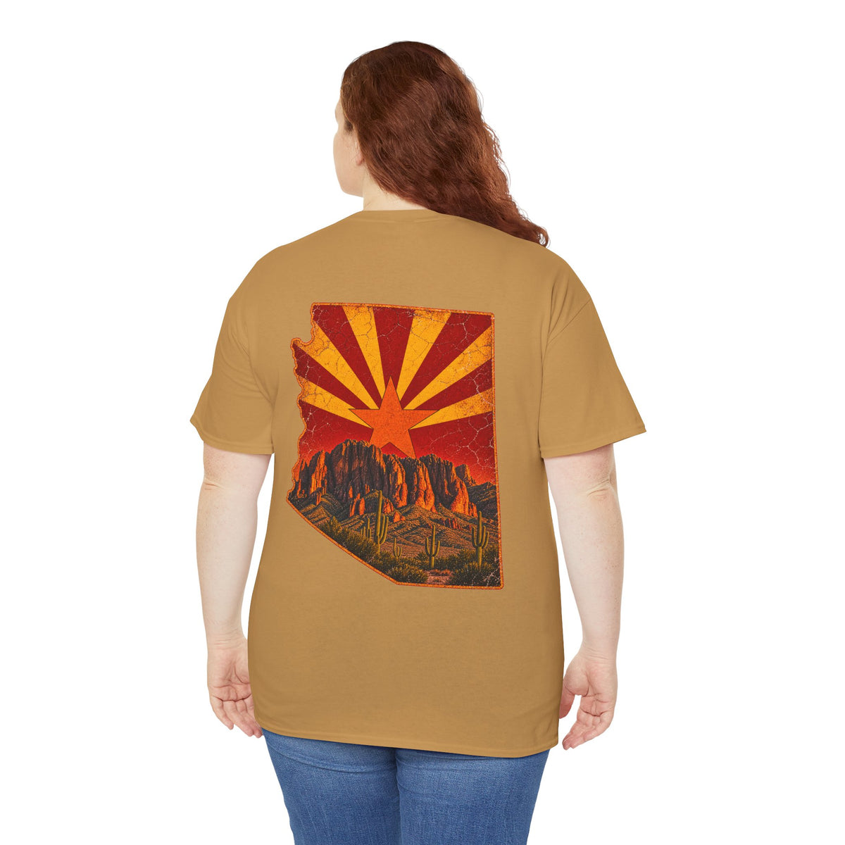 Arizona Desert Sunset Tee | State Silhouette, Saguaro Cactus, Retro Sunburst