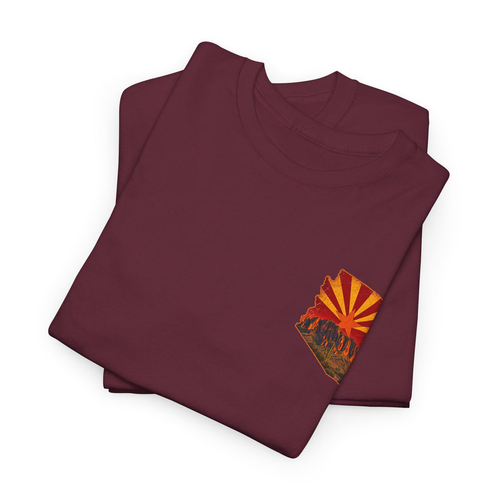 Arizona Desert Sunset Tee | State Silhouette, Saguaro Cactus, Retro Sunburst