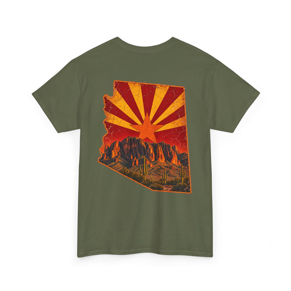 Arizona Desert Sunset Tee | State Silhouette, Saguaro Cactus, Retro Sunburst