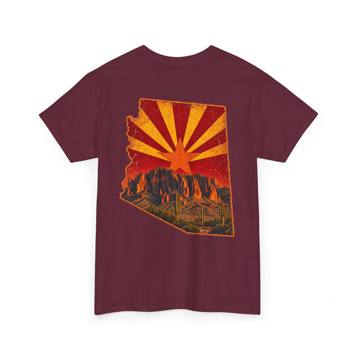 Arizona Desert Sunset Tee | State Silhouette, Saguaro Cactus, Retro Sunburst